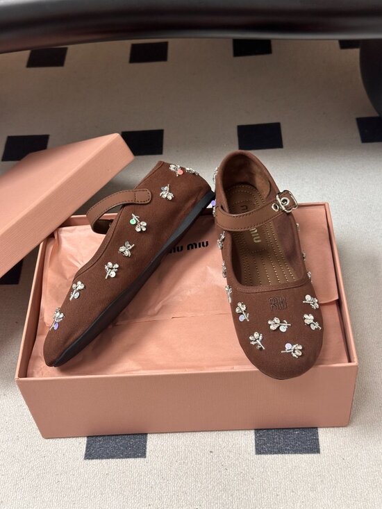 Miu Miu Brown Rhinestone-Embellished Mary Jane Ballet Flats - Picture 4 of 8